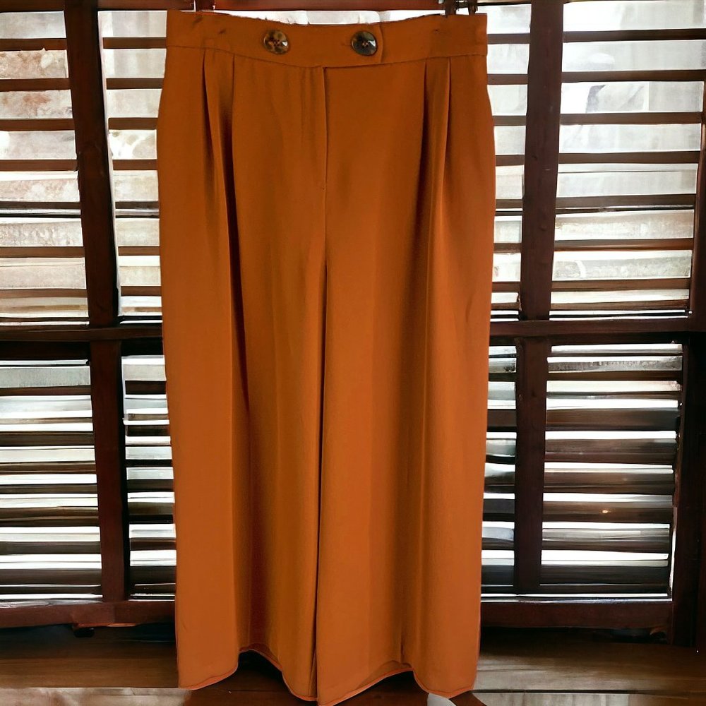 Topshop Rust Polyester Pleated Wide Leg Hi Waist Dress Trousers